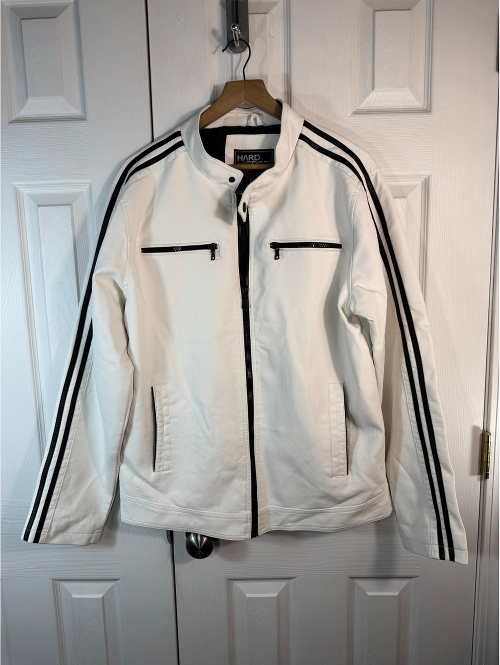 Hard Edge White Faux Leather Jacket with Black Stripe Detail